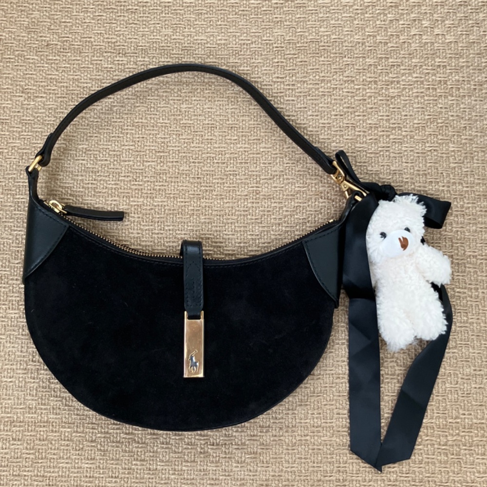 NWOT RALPH LAUREN ID saddle bag black suede gold hardware + bear key charm - Picture 5 of 10